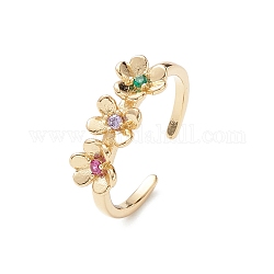 Flower Colorful Cubic Zirconia Cuff Ring, Open Ring Jewelry for Women, Real 16K Gold Plated, 1.7mm, Inner Diameter: 18mm