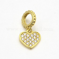 CZ Brass Micro Pave AAA Cubic Zirconia Large Hole European Dangle Charms, Heart, Lead Free & Nickel Free & Cadmium Free, Golden, 9x9x1mm, Hole: 4mm