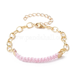 Pulseras de eslabones trenzados con cordones de algodón encerado, con cadenas portacables de latón dorado, rosa perla, 7-1/8 pulgada (18 cm)