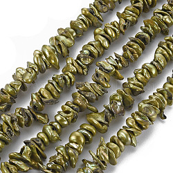 Naturales keshi abalorios de perlas hebras, perla cultivada de agua dulce, teñido, chip, verde oliva, 7~17x8~12x2~7mm, agujero: 0.5 mm, aproximamente 96~100 pcs / cadena, 15.35 pulgada (39 cm)
