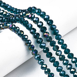 Galvanisieren Glasperlen, ab Farbe plattiert, facettiert, Rondell, blaugrün, 8x6 mm, Bohrung: 1 mm, ca. 65~68 Stk. / Strang, 15.7~16.1 Zoll (40~41 cm)