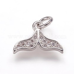 Brass Micro Pave Cubic Zirconia Charms Pendants, Whale Tail Shape, Platinum, 9x13x2mm, Hole: 3mm