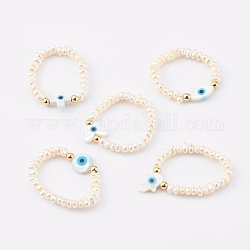 Anneaux extensibles en perles naturelles, avec des perles de coquillage naturel, formes mélangées avec mauvais oeil, or, blanc crème, diamètre intérieur: 19x22 mm