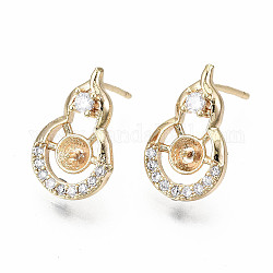 Brass Micro Pave Clear Cubic Zirconia Stud Earring Findings, for Half Drilled Beads, Nickel Free, Gourd Shape, Real 18K Gold Plated, 15x10mm, Pin: 0.7mm, pin: 0.7mm(for half drilled beads)