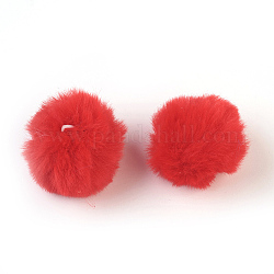 Pendentifs recouverts de boule de pom pom en fausse fourrure de lapin à la main, boules de poils de lapin floue, avec fibre élastique, rouge, 30~40mm, Trou: 2x4mm