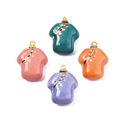 Handmade Porcelain Pendants, with Golden Plated Brass Findings, T-Shirt, Mixed Color, 19.5x13.5~15x7.5~8.5mm, Hole: 1.5mm