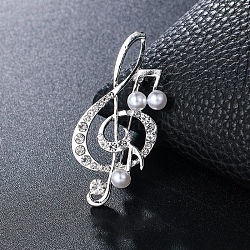 Broche de nota musical de rhinestone de cristal con cuentas de perlas de imitación, insignia de aleación para ropa de mochila, Platino, 54x25mm