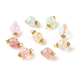 Electroplate Crackle Glass Bead Pendants, Round, with Tibetan Style Alloy Daisy Spacer Beads and Brass Ball Head Pins, Golden, Mixed Color, 15x8mm, Hole: 1.8mm
