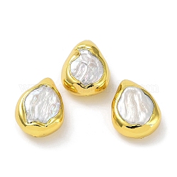 Gestellplattierte Messingperlen mit barocken natürlichen Keshi-Perlen, langlebig plattiert, Träne, golden, 30~30.5x22x12~14.5 mm, Bohrung: 1 mm