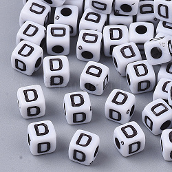 Perle acriliche opache bianche, foro orizzontale, cubo con alfabeto nero, lettera d, 4~5x4~5x4~5mm, Foro: 1.8 mm, circa 255~260pcs/20g