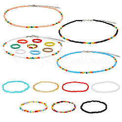 Conjunto de joyas de colores fibloom, pulseras elásticas con cuentas de semillas y collares de cuentas de plástico, color mezclado, diámetro interior: 1-7/8~2 pulgada (5 cm), 16.34 pulgada (415 mm), 11 unidades / caja