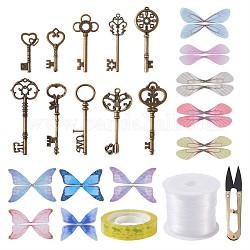 DIY Key Clasps, with Tibetan Style Alloy Key Big Pendants, Sharp Steel Scissors, Butterfly Fibre Tulle, Transparent Adhesive Packing Tape and Nylon Wire, Mixed Color