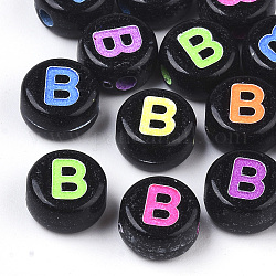 Perles noires opaques acryliques, trou horizontal, plat rond avec lettre de couleurs mélangées, letter.b, 7x4mm, Trou: 1.6mm, environ 3600 pcs/500 g