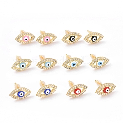 Enamel Horse Eye Stud Earrings with Clear Cubic Zirconia, Gold Plated Brass Jewelry for Women, Cadmium Free & Lead Free, Mixed Color, 8x14mm, Pin: 0.8mm