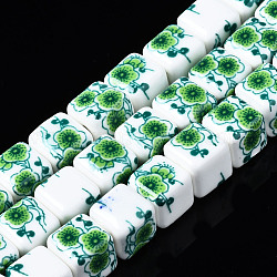 Brins de perles en céramique de porcelaine faites à la main, fleur imprimée, cube, verte, 9x9x9mm, Trou: 2.5mm, Environ 36 pcs/chapelet, 12.4 pouces (31.5 cm)