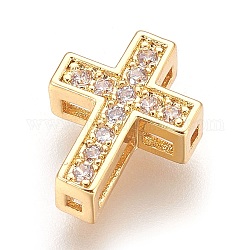 Perline zirconi micro pave  in ottone, croce, chiaro, vero placcato oro 18k, 13x10x4mm, Foro: 1 mm
