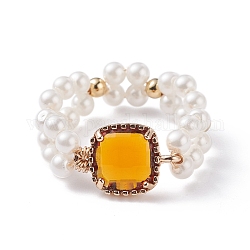Bling quadratischer Glasfingerring, Geflochtener Ring aus Vintage-Muschelperlen für Mädchenfrauen, golden, dunkelgolden, uns Größe 9 (18.9mm)