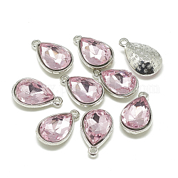 Ciondoli vetro della lega, sfaccettato, lacrima, platino, perla rosa, 14.5x9x5mm, Foro: 1.5 mm