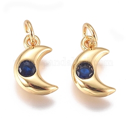 Brass Micro Pave Cubic Zirconia Charms, with Jump Ring, Long-Lasting Plated, Moon, Golden, Marine Blue, 10x6.5x2mm, Hole: 3mm