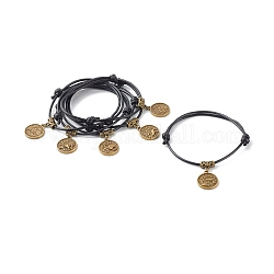 Plat rond avec 12 constellations bracelets à breloques en alliage de style tibétain, avec cordon de polyester ciré coréen réglable, bronze antique, diamètre intérieur: 2-3/8 pouce (6~9 cm)