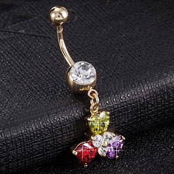 Piercing Jewelry, Brass Cubic Zirconia Navel Ring, Belly Rings, with 304 Stainless Steel Bar, Cadmium Free & Lead Free, Real 18K Gold Plated, Flower, Colorful, 42x16mm, Bar Length: 3/8