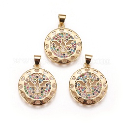 Brass Micro Pave Cubic Zirconia Pendants, Flat Round with Heart & Bird, Colorful, Golden, 21x18.5x2mm, Hole: 3.5x5mm