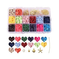 DIY Jewelry Kits, with Handmade Polymer Clay Heishi Beads, Alloy Pendants, Elastic Thread, Brass Spacer Beads & Ball Head Pins & Jump Rings, Scissors, Golden, 8x0.5~1mm, Hole: 2mm, about 1400~1820pcs/set