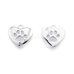 Ion Plating(IP) Brass Pendants, Heart with Cat Paw Charms, Real Platinum Plated, 15x16x2mm, Hole: 1.8mm