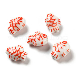 Handgemachte Porzellan Perlen gedruckt, Fisch, rot, 14.5~15x11.5~12x7~7.5 mm, Bohrung: 1.6 mm