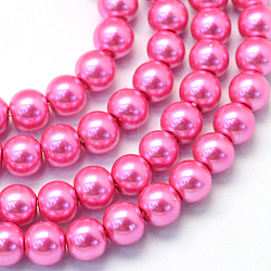 Chapelets de perle en verre peint de cuisson, nacré, ronde, rose chaud, 3~4mm, Trou: 0.5mm, Environ 195 pcs/chapelet, 23.6 pouce