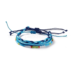 Ensemble de bracelets de perles tressées en plastique 3 pièces 3 styles, bracelets réglables cordon polyester ciré pour femme, bleu, diamètre intérieur: 2~4-1/4 pouce (5.1~10.7 cm), 1pc / style