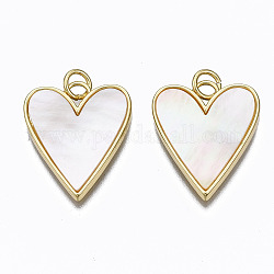 Brass Pendants, with Shell and Jump Rings, Nickel Free, Heart, Real 16K Gold Plated, 21x17.5x2mm, Hole: 3mm