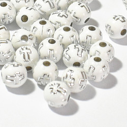 Perles acryliques plaquées, ronde avec la croix, blanc, 8mm, 1800 pcs /sachet 