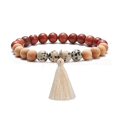 Круглый эластичный браслет из натуральной красной яшмы, далматина и дерева с подвеской из бисера и кисточкой, украшения из драгоценных камней для женщин, внутренний диаметр: 2-3/8 дюйм (5.9 см)