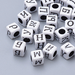 Perline mestiere acrilico, cubo con alfabeto russo, nero, 6x6x6mm, Foro: 3 mm, circa 3000pcs/500g