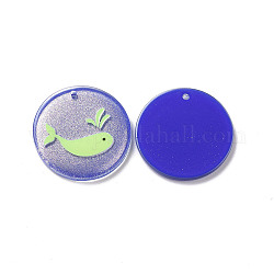 Acrylic Pendants, with Enamel and Glitter Powder, Flat Round with Dolphin Pattern, Blue, 24x2mm, Hole: 1.5mm