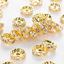 Brass Rhinestone Spacer Beads, Grade B, Clear, Golden Metal Color, Size: about 10mm in diameter, 4mm thick, hole: 2mm