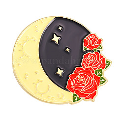 Legierungsbroschen zum frühlingsthema, Mond- und Blumen-Anstecknadel aus Emaille, für Rucksackkleidung, golden, rot, 29x31 mm