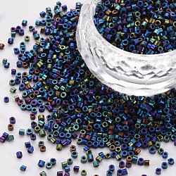 Perles cylindriques en verre plaqué dépoli, Perles de rocaille, couleurs métalliques, trou rond, bleu marine, 1.5~2x1~2mm, Trou: 0.8mm, environ 8000 pcs / sachet , environ 1 livre / sac