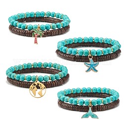 Ensemble de bracelets extensibles en perles de noix de coco naturelles et de turquoise synthétique (teintes), bracelets à breloques en alliage d'émail pour femmes, forme mixte, diamètre intérieur: 2-1/8~2-3/8 pouce (5.5~6 cm), 2 pièces / kit
