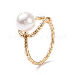 Anello da dito con perline di perle di conchiglia, avvolgimento in filo di ottone per le donne, oro chiaro, misura degli stati uniti 7 1/4 (17.5mm)