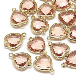 Connecteurs de liens en verre, avec les accessoires en laiton de tonalité d'or, facette, cœur, saumon noir, 16x11.5x4.5mm, Trou: 1mm