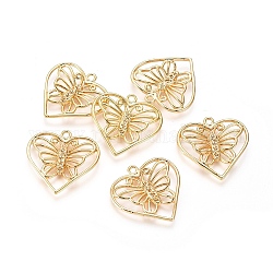 Supports de pendentif en laiton avec strass, coeur avec papillon, véritable 18k plaqué or, 25.5x25.5x2.5mm, Trou: 2mm, convient pour strass de 1.2 mm