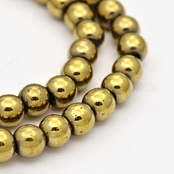 Electroplate Natural Pyrite Beads Strands, Round, Dark Khaki, 6mm, Hole: 1mm, about 66pcs/strand, 15.7 inch