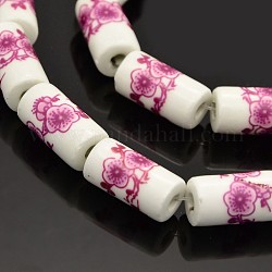 Handmade Flower Printed Porcelain Ceramic Column Beads Strands, Camellia, 17~18x9mm, Hole: 3mm, about 20pcs/strand, 14.2inch