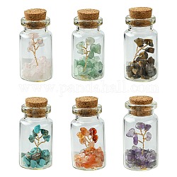 Transparent Glass Wishing Bottle Decoration, Wicca Gem Stones Balancing, with Tree of Life Synthetic & Natural Mixed Gemstone Beads Drift Chips inside, 22x45mm, 6pcs/set