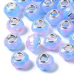 Backen von bemalten Glas europäischen Perlen, großes Loch Rondell Perlen, mit Platin-Ton Messing Doppeladern, Ton zwei, facettiert, Kornblumenblau, 14x10.5 mm, Bohrung: 5 mm