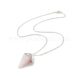 Collar con colgante de geometría de cuarzo rosa natural, joyas de latón platino para mujer, cono, 18.50 pulgada (47 cm), colgante: 35x15x15 mm