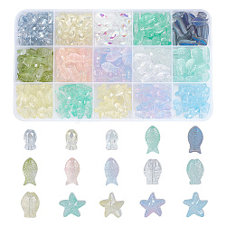 Arricraft 275 Uds. 15 estilos de cuentas de vidrio transparente y esmerilado, peces y estrellas de mar, estilo mezclado, color mezclado, 10.5~15x6~15x5~6.5mm, agujero: 1~1.4 mm
