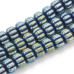Electroplate Non-magnetic Synthetic Hematite Corrugated Beads Strands, Pumpkin, Green Plated, 8x6mm, Hole: 1mm, about 70pcs/strand, 15.7 inch